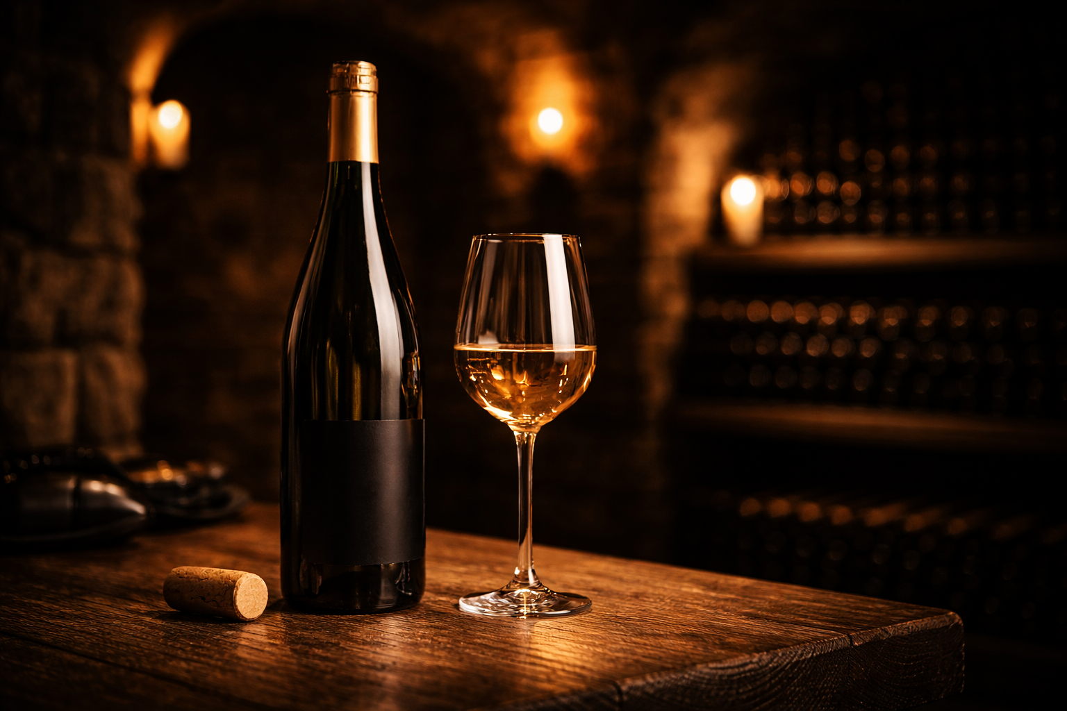 Bouteille de vin blanc alsacien et verre cristal en cave, clair-obscur élégant, reflets dorés à la bougie