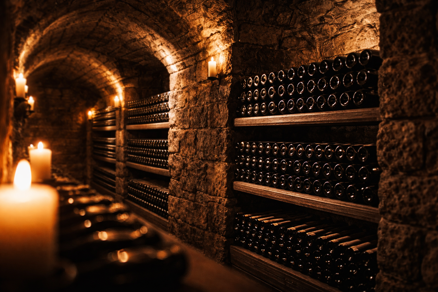 Cave voûtée en pierre avec bouteilles de Grands Crus alignées à la lueur de bougies, ambiance patrimoniale