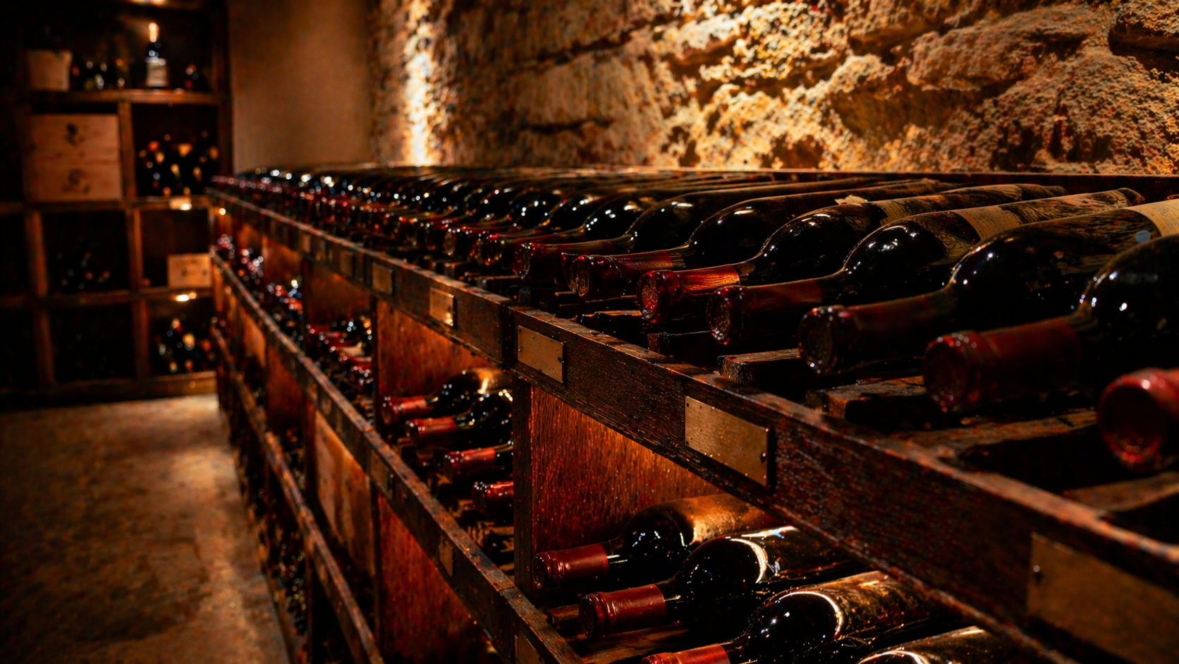 Cave à température contrôlée avec bouteilles de Bordeaux en primeurs couchées dans des casiers en bois, éclairage ambré