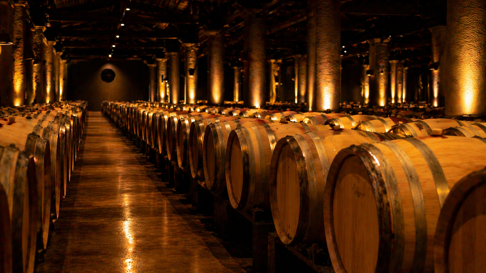 Chai bordelais avec rangées de barriques en chêne neuf éclairées en ambré, élevage des grands vins en primeurs