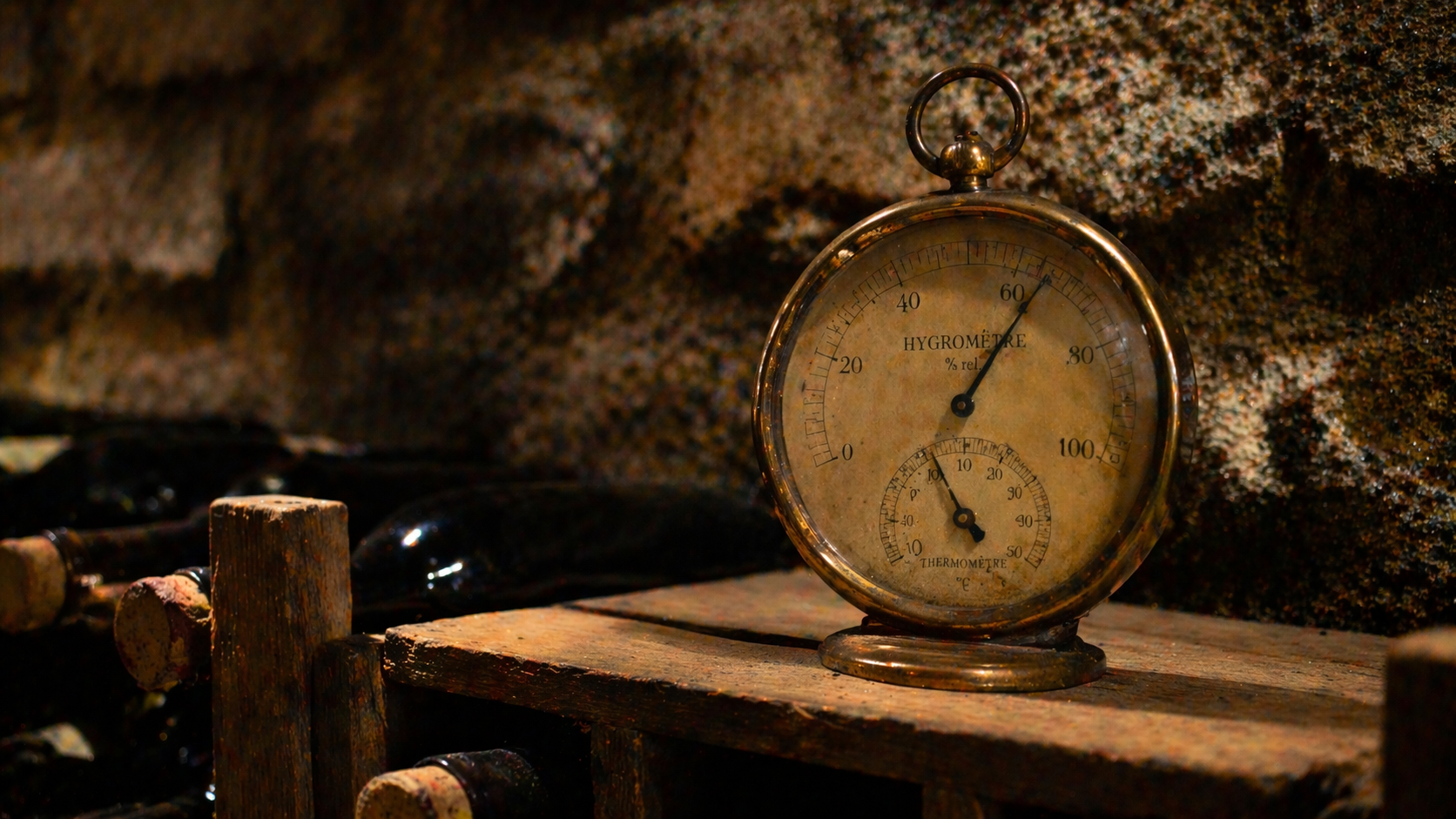 Hygromètre et thermomètre anciens en laiton sur casier à bouteilles dans une cave de garde en pierre