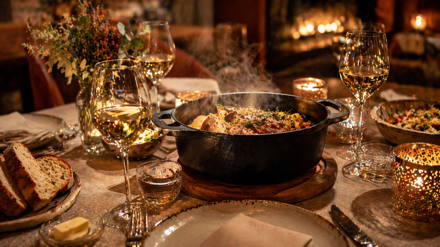 Table gastronomique alsacienne avec cocotte fumante et verres de vin blanc Grand Cru, ambiance winstub haut de gamme