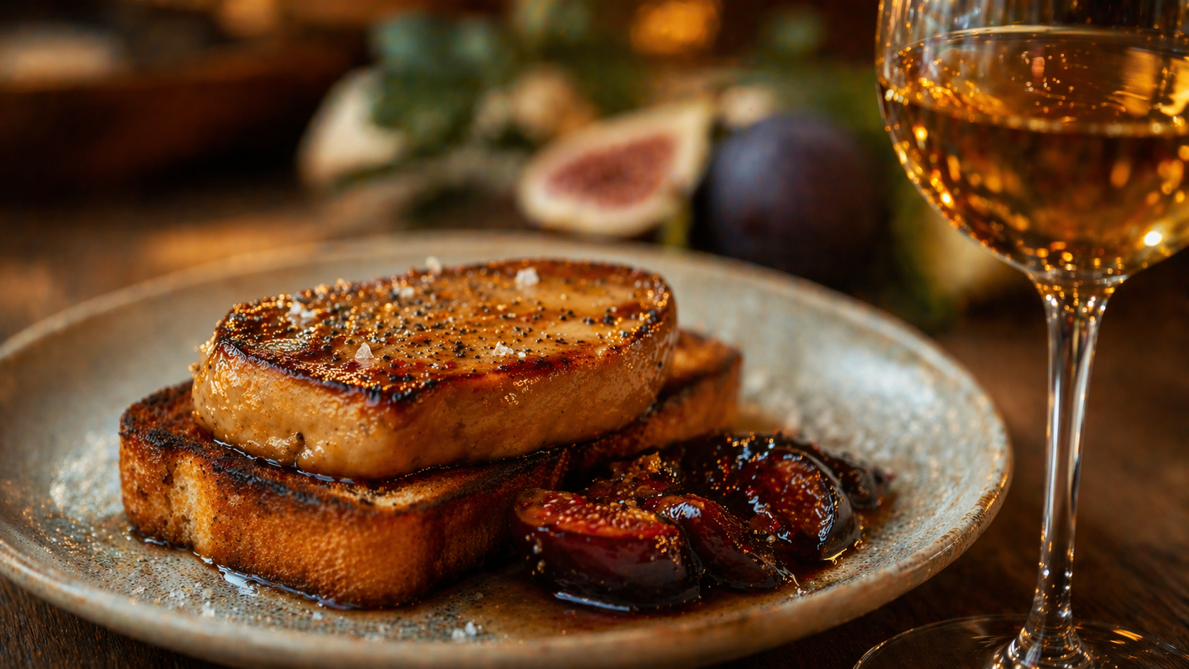 Accord Gewurztraminer Grand Cru d'Alsace avec foie gras poêlé et figues caramélisées sur toast brioché