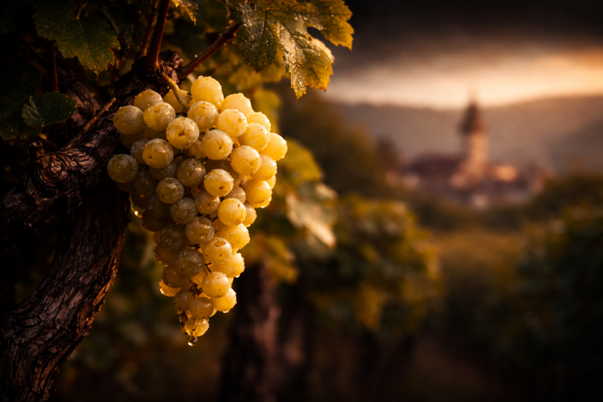 Grappes de Riesling au lever du soleil dans un vignoble alsacien avec village et clocher en arrière-plan — L'Écrin Sélection Ritt