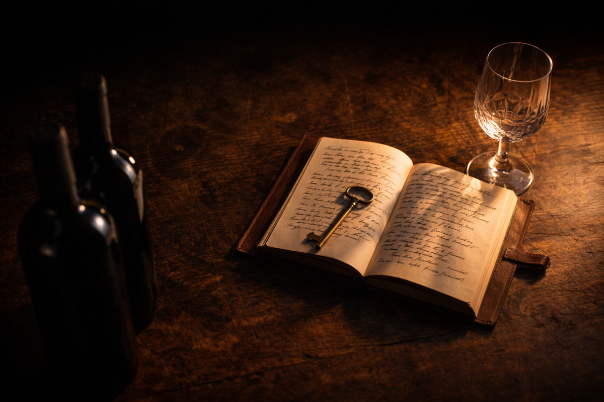Journal de dégustation manuscrit avec clé antique et verre en cristal — guide d'achat vin en primeurs — L'Écrin Sélection Ritt