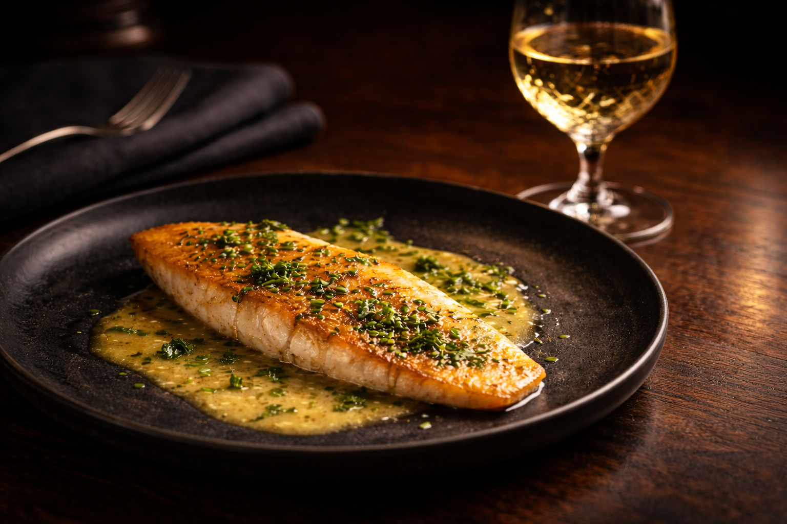 Filet de poisson rôti en sauce au beurre et fines herbes sur assiette noire — accord parfait avec un Riesling Grand Cru d'Alsace