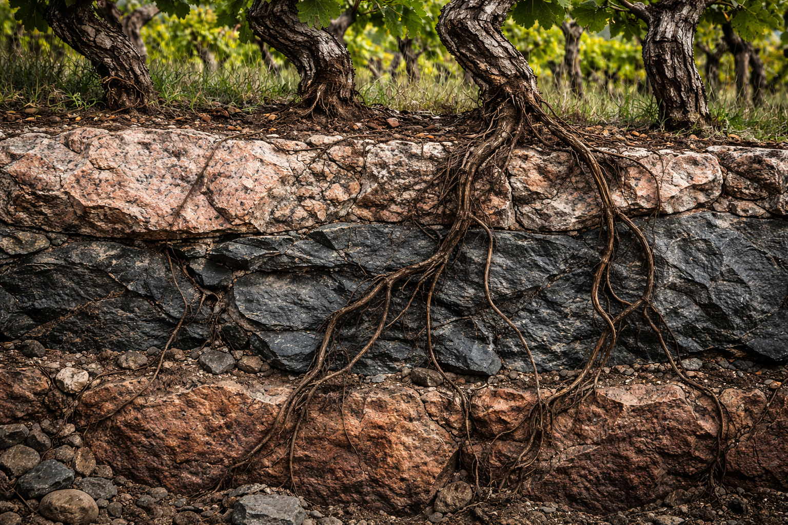 Profil géologique d'un vignoble alsacien montrant les couches de granit et schiste avec les racines de vigne