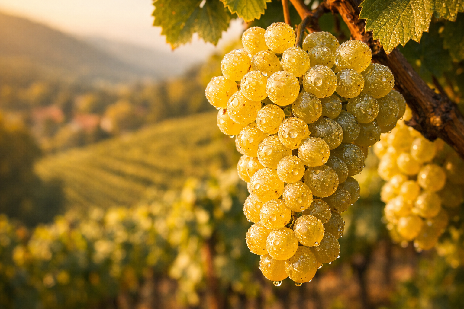 Grappe de Riesling Grand Cru d'Alsace au lever du soleil, rosée sur les baies dorées, coteaux vosgiens en arrière-plan