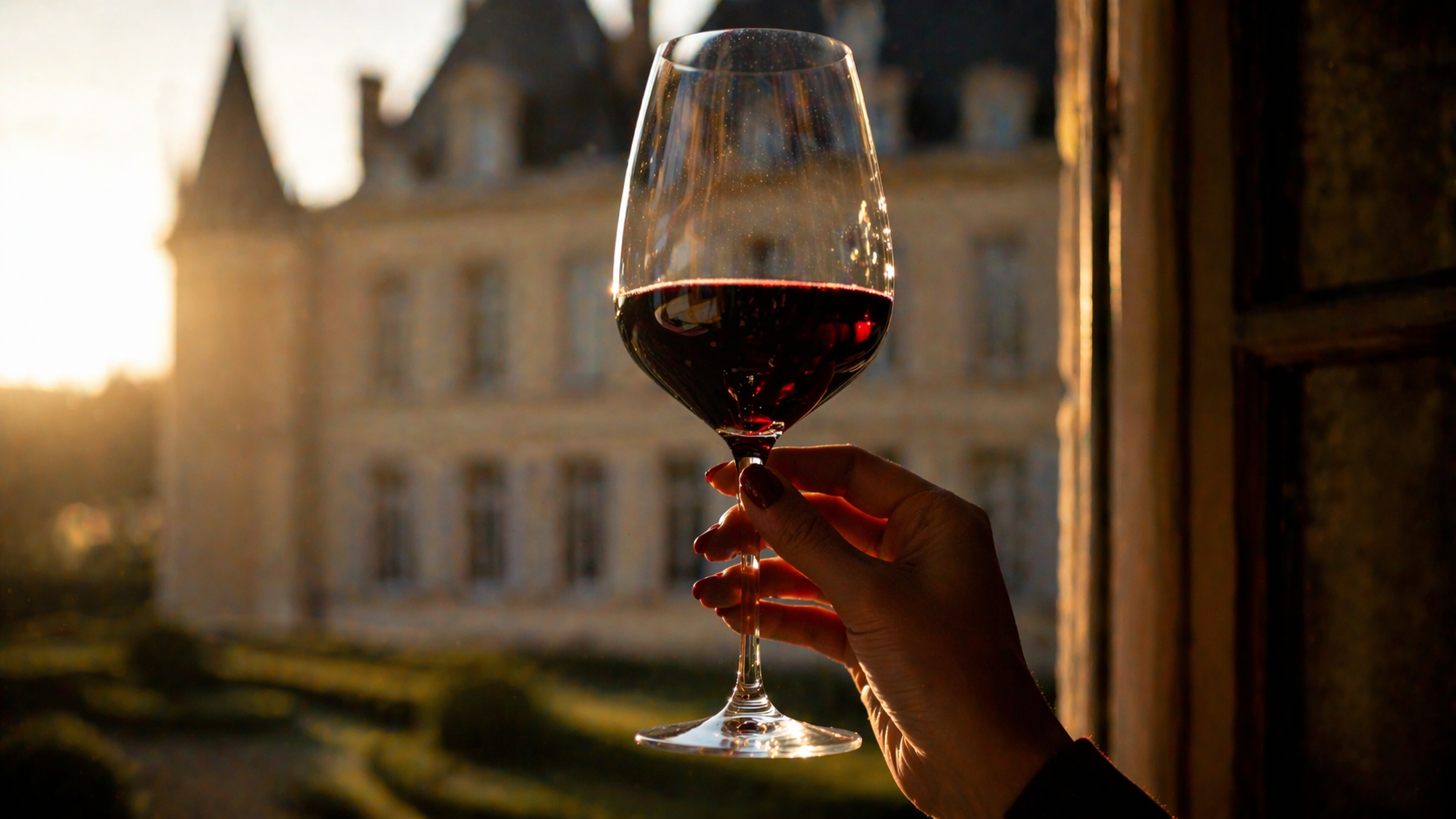 Verre de vin rouge Bordeaux Grand Cru Classé tenu devant un château bordelais au coucher du soleil