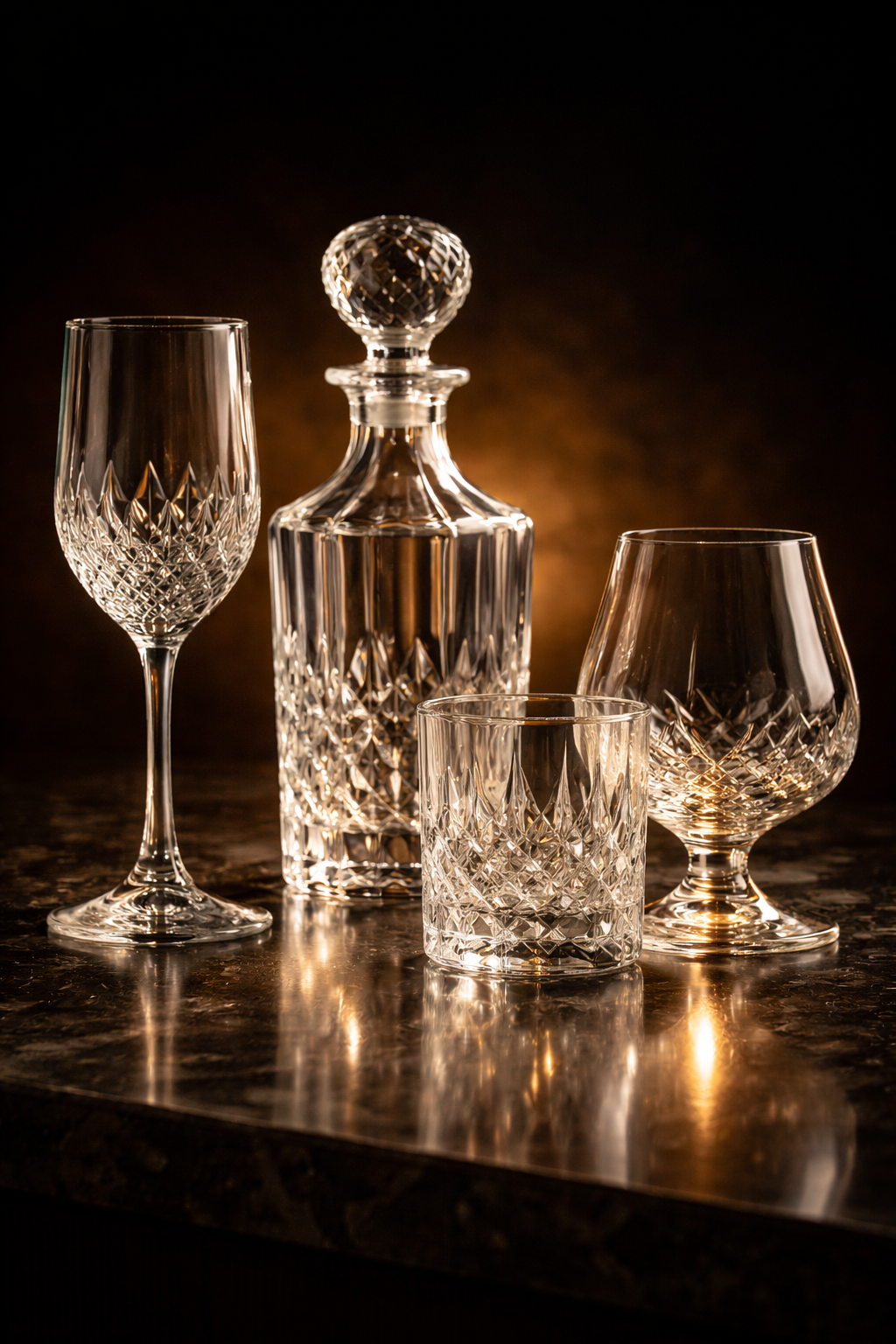 Verres en cristal élégants sous lumière chaude