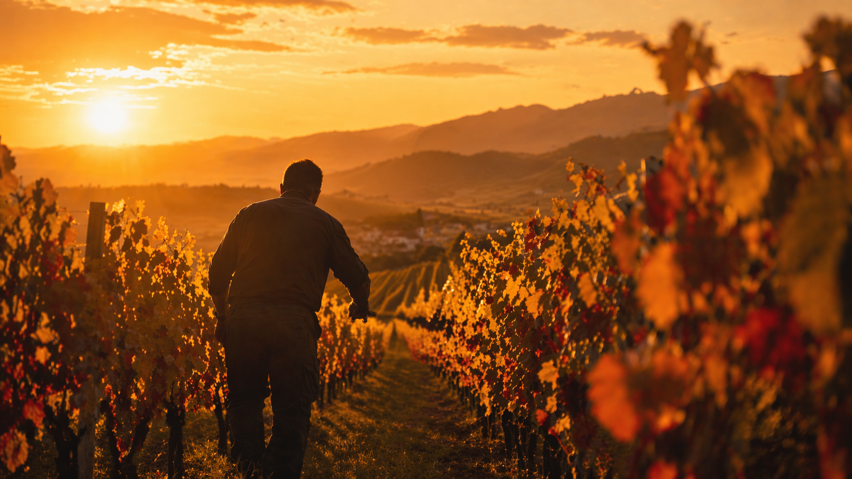 Vigneron alsacien de dos en silhouette dans les rangées de vigne au coucher du soleil, contre-jour doré