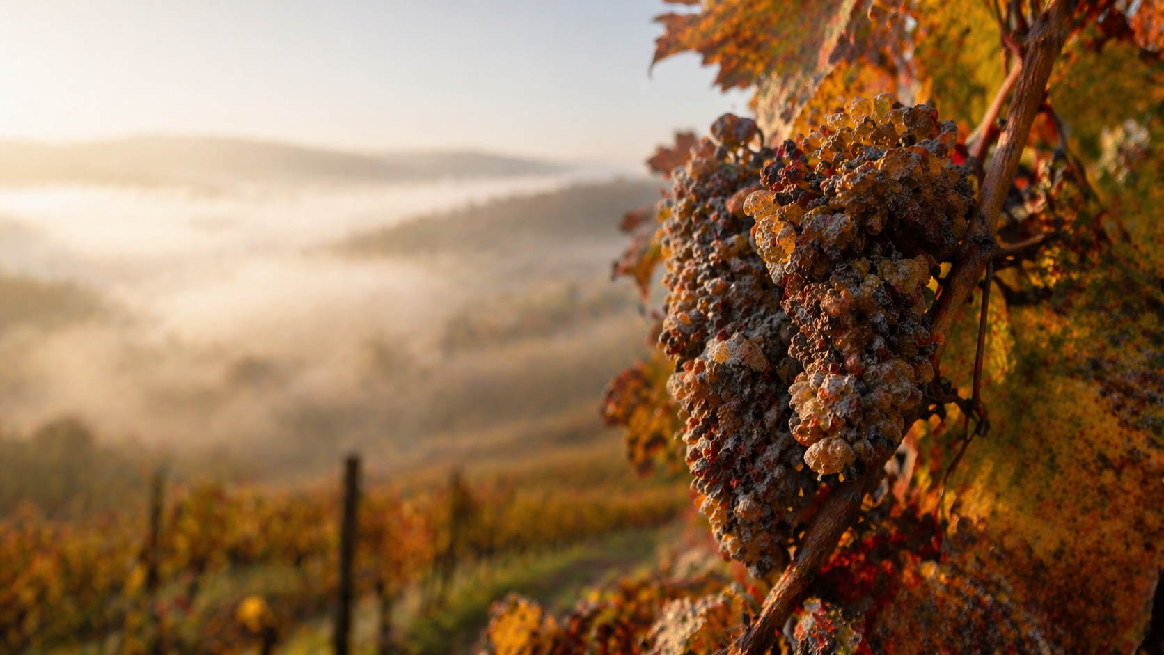 Raisins botrytisés de Vendanges Tardives alsaciennes sous la brume automnale, pourriture noble dorée