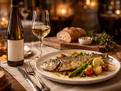 Table gastronomique avec bouteille de Grand Cru d'Alsace et verre de vin — accord mets-vins raffiné