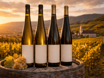 Bouteilles de Grands Crus d'Alsace posées sur un tonneau en bois au milieu des vignes alsaciennes au coucher de soleil