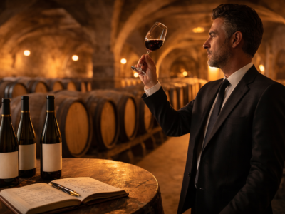 Expert examinant un verre de vin dans un caveau avec fûts de chêne — achat de vin en primeurs Bordeaux