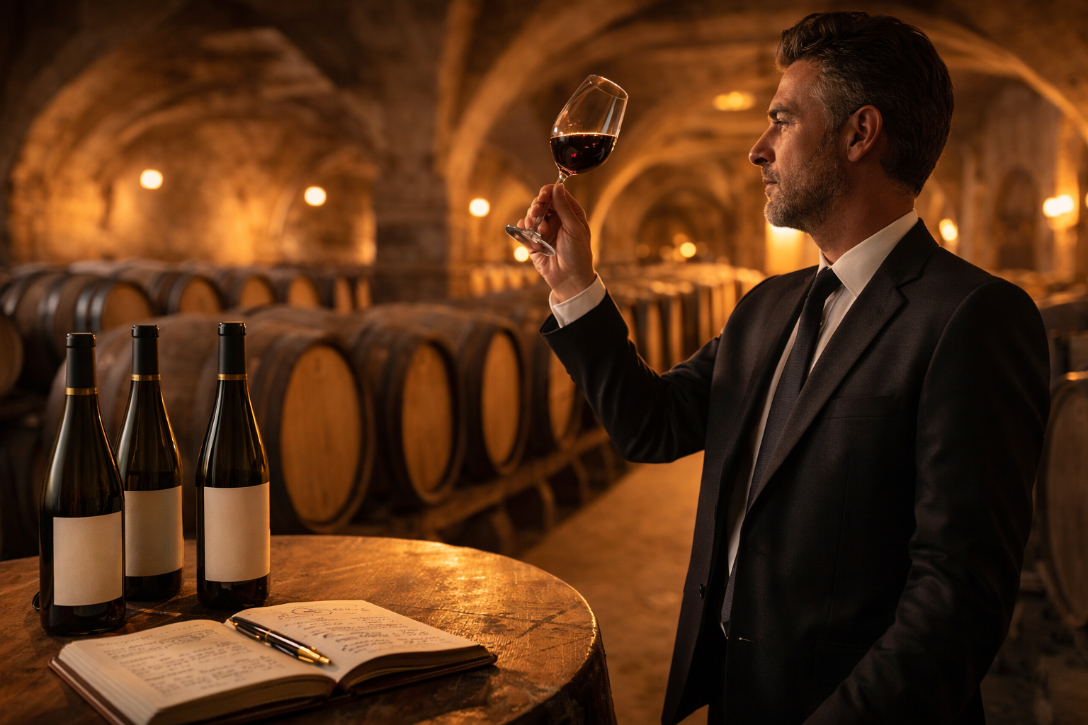 Expert examinant un verre de vin dans un caveau avec fûts de chêne — achat de vin en primeurs Bordeaux